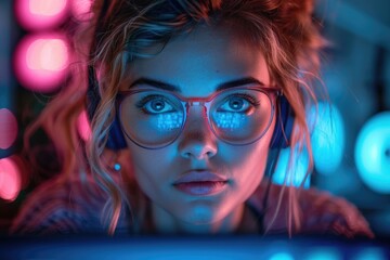 Focused Young Woman in Glasses and Headphones at Computer Screen in Moody Pink and Blue Lit Room