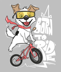 Cartoon dog riding a bicycle, vector T-Shirt design.