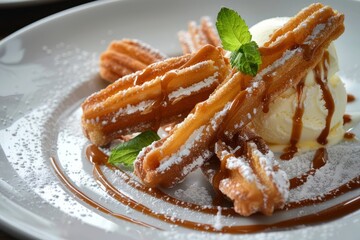 Churros.Traditional Mexican dessert.A decadent dessert plate with churros served alongside a scoop of vanilla ice cream, drizzled with caramel sauce and garnished with fresh mint leaves