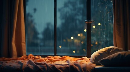 Cozy bed with pillows near window with rain falling outside.