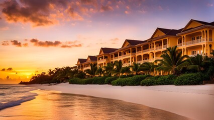 sunrise at a caribbean coast real estate beach resort with tropical palms