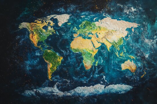 Fototapeta A top-down view displays a vibrant world map highlighting Earth's diverse physical features, including continents, oceans, and natural landscapes