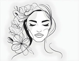 Poster encadré Abstract face with flowers by one line vector drawing background