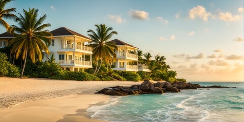Obraz premium sunrise at a caribbean coast real estate beach resort with tropical palms