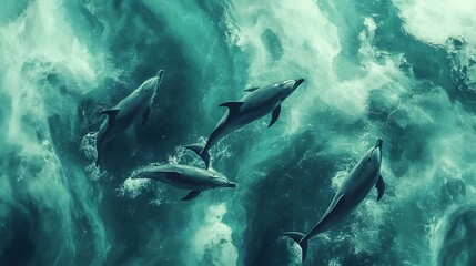 Obraz premium Aerial view of four dolphins swimming gracefully in the ocean, creating mesmerizing patterns in the teal water.