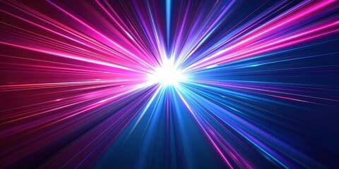 Abstract background with blue and pink neon light streaks radiating from center.