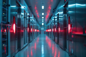 Abstract Blur of 70 Degrees Freezer for Specimen Storage in Hospital: Rows of Fridges Storing Bloo