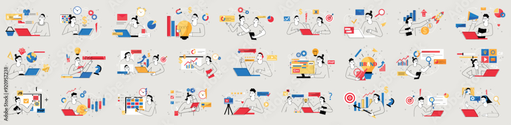 Poster bundle of simple linear concepts with people scene in flat cartoon design. the set of illustrations 