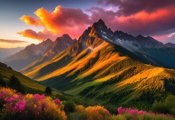 stunning sunrise over majestic mountains vibrant colors showcasing beauty splendor, adventure, beautiful, bright, canvas, clouds, dawn, ecology