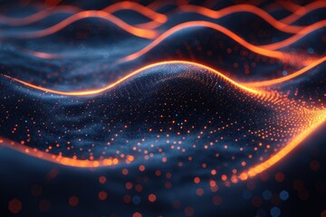 Abstract Digital Landscape: Glowing Lines and Dots on Dark Blue, Signifying Data Concept in Genera