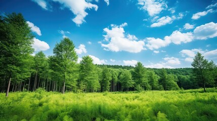 Obraz premium Lush green forest with tall trees and a bright blue sky with white clouds.