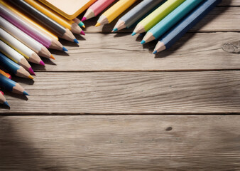 Colored pencils on a wooden table. Back to school concept. Stationery composition.