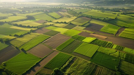 Fototapeta premium Lush and vibrant agricultural landscape with varied fields, patchy farmland and rolling hills. Agriculture. Planting, harvesting. Grains, vegetables, fruits. Agricultural industry