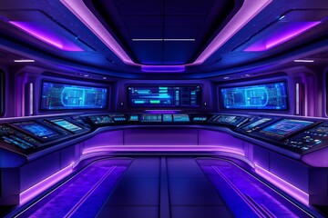 The control center features glowing blue holographic displays and digital interfaces, highlighting futuristic technology in a vibrant ultramodern space