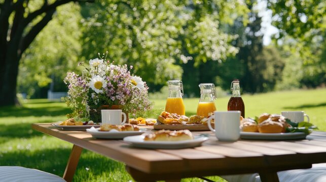 A delightful breakfast is set on a wooden table with pillows, surrounded by fruits, milk, honey, coffee, and flowers beneath an apple tree in a sunny outdoor setting