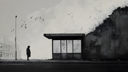 Silhouette of a person standing near a bus stop in a monochromatic, urban setting with birds flying in the background.