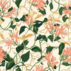 Elegant Vintage Floral Wallpaper Design with Pink Blossoms and Green Vines