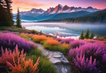 breathtaking landscapes untouched nature sunrise showcasing majestic lush tranquil vibrant skies serene morning light, mountain, forest, lake, sky, view