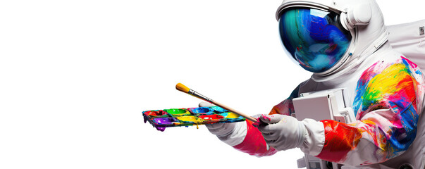 An astronaut with a colorful spacesuit holds a palette while preparing to paint in outer space, showcasing creativity beyond Earth