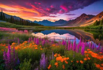 Naklejka premium stunning landscape captured dusk vivid sunset hues breathtaking views colorful palette, nature, colors, horizon, sky, clouds, evening, light, beauty, scenery