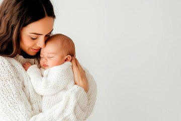 mother and baby in solid white banner background