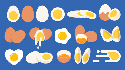 Set of Yellow white Egg, half, quarter and Slices of Boiled egg, hatched egg, peeled, raw egg, long and cross sections, different positions, simple flat vector illustration