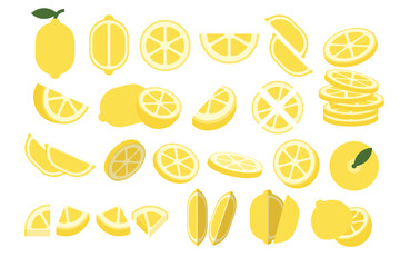 Set of Yellow Lemon, Farm fresh Lemon product emblem for grocery shop, Slides, long and cross sections, and different positions, simple flat vector illustration of vegetables and fruits.