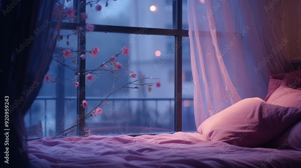 Poster pink bedding with a view of a flowering branch through the window.