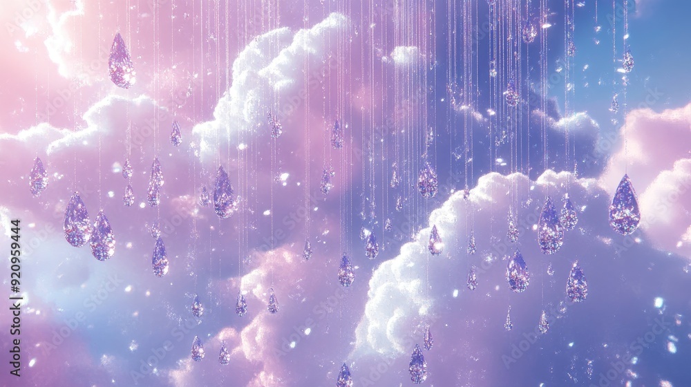 Poster a luxurious futuristic cloud background where 3d rain drops sparkle with diamonds, creating a captiv