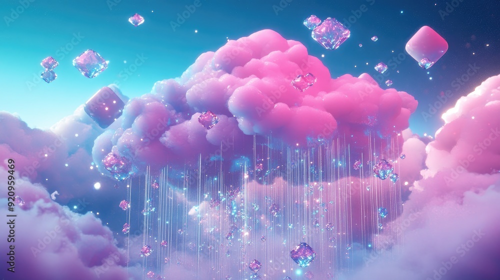 Poster a luxurious futuristic cloud background where 3d rain drops sparkle with diamonds, creating a captiv