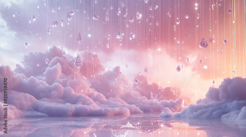 Poster a luxurious futuristic cloudscape where 3d rain drops sparkle with embedded diamonds, shimmering in 