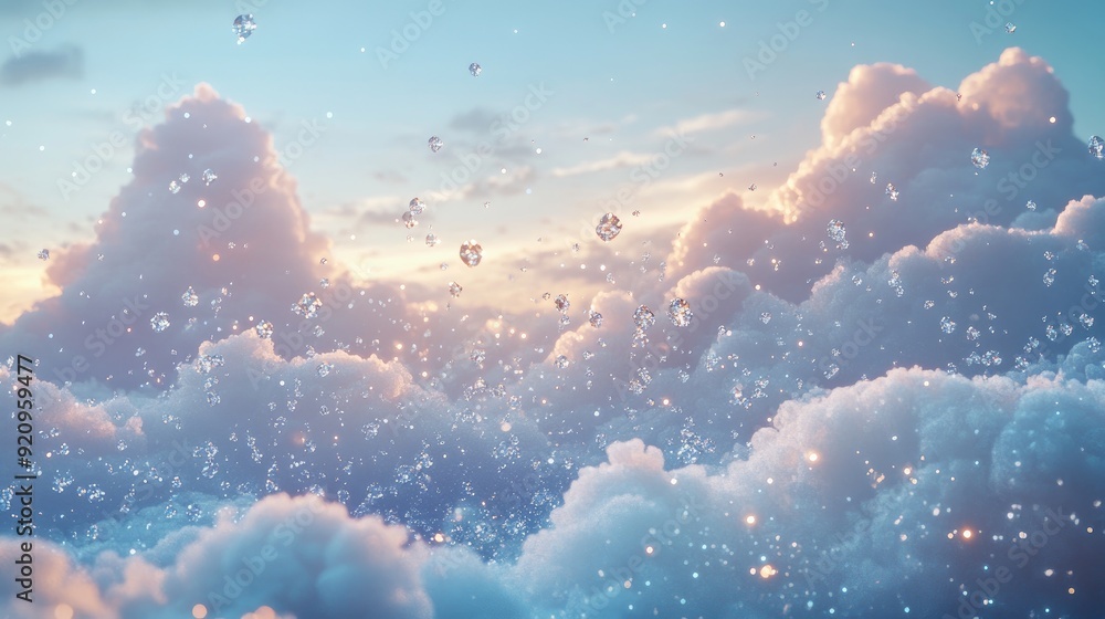 Poster a luxurious futuristic cloudscape where 3d rain drops sparkle with embedded diamonds, shimmering in 