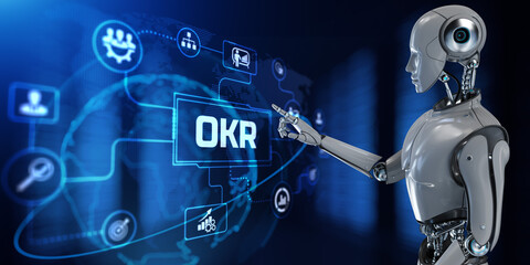 OKR Objective key results. Robot pressing button on virtual screen. 3d render.