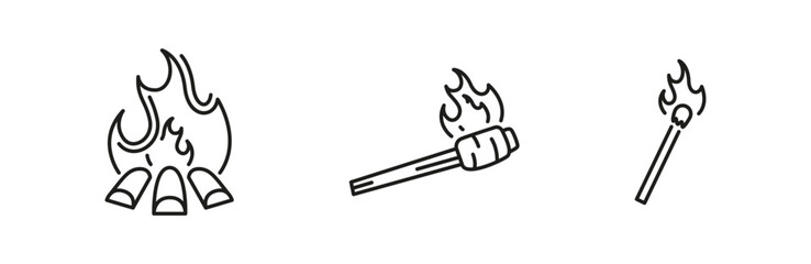 Fireplace, torch and match vector flaming icon set. Fire outline icons.