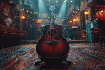 Intimate Acoustic Performance: Guitar and Mic in Spotlight on Empty Stage, Creating Musical Ambian