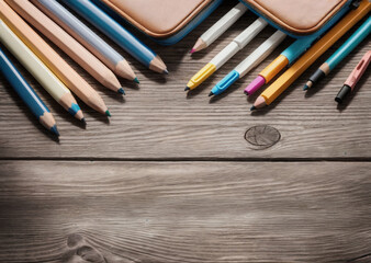 Colored pencils on a wooden table. Back to school concept. Stationery composition.