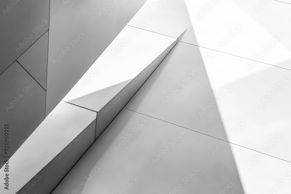 Poster abstract design features sleek lines and geometric shapes in a gray and white composition, creating 