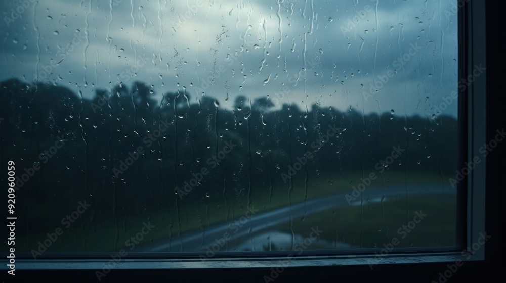 Aufkleber rain drops on a window with a blurred view of trees and a road in the background.