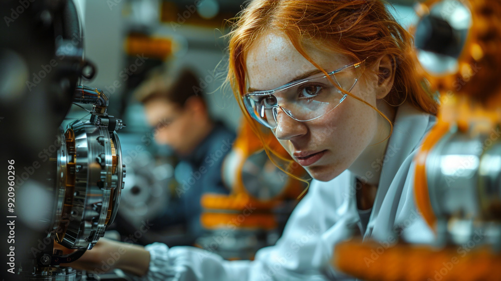 Aufkleber among the factory workers, a female mechanical engineer designs a 3d engine on her personal computer