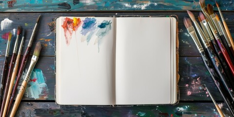 Imagine a vibrant workspace filled with a blank sketchbook, an array of colorful paint splatters, and assorted brushes that are perfect for inspiring boundless creativity and artistic ideas