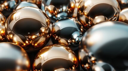Shiny metallic spheres reflect light beautifully in an artistic arrangement, showcasing intricate details and colors