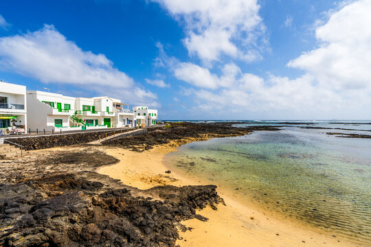 Beautiful landscape of Orzola with white architecture and boats, Lanzarote, Canary Islands, Spain