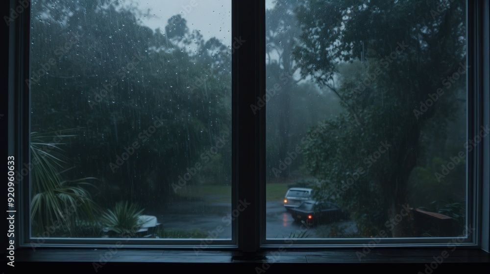 Poster rain falling on a window pane with a blurred view of a car driving on a wet road in the distance.