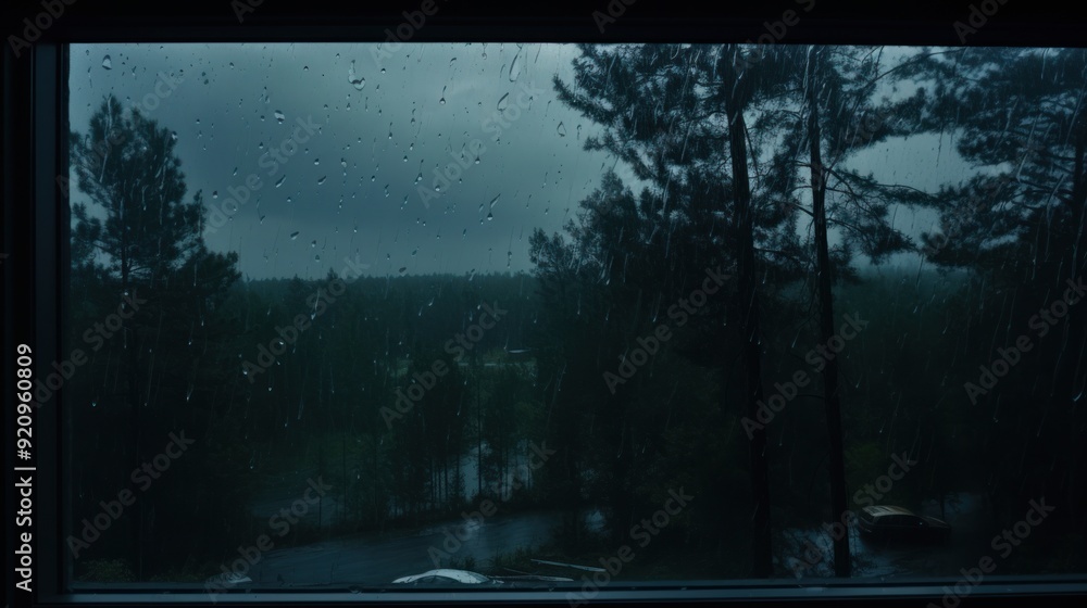 Poster rain falling on a window with a view of a forest and a car in the distance.