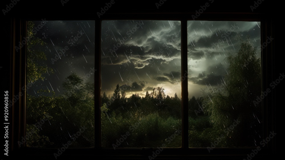 Poster rain falling through a window with a stormy sky and a forest behind it.