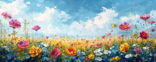 A painting of a field of flowers with a blue sky in the background