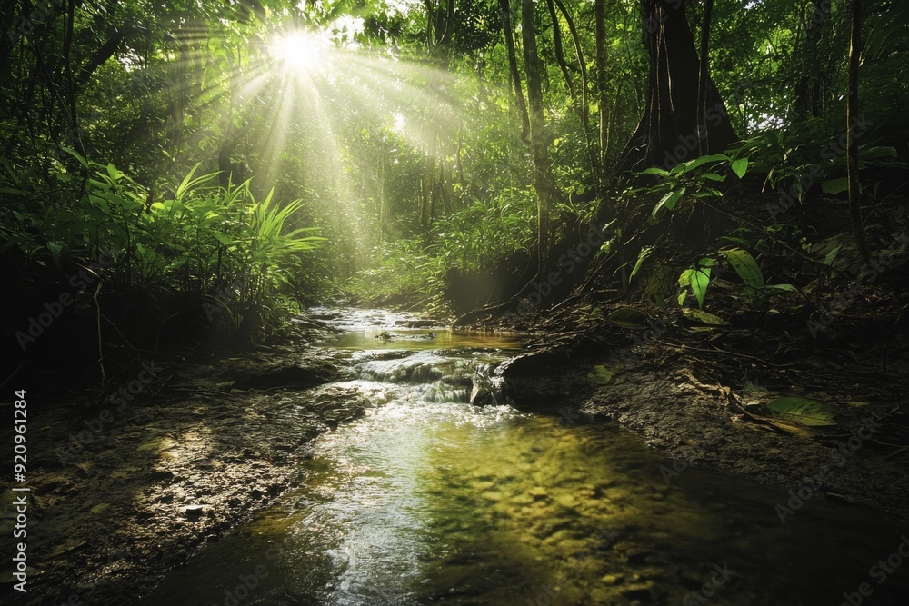 Poster sunlight filters through tall trees as a winding creek flows gently over rocks in a lush, dense fore
