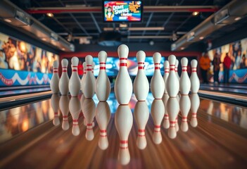 Bowling pins in a perfect triangle, reflected on the lane, surrounded by the energy of players and spectators.






