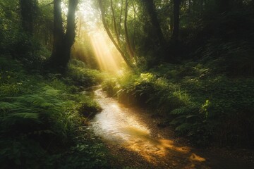 Sunlight filters through dense trees, illuminating a winding creek that flows peacefully through the ancient forest landscape