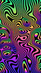 Psychedelic colorful retro groovy liquid trippy waves background. Rainbow neon gradient colors abstract pattern, maze wave of ornaments.